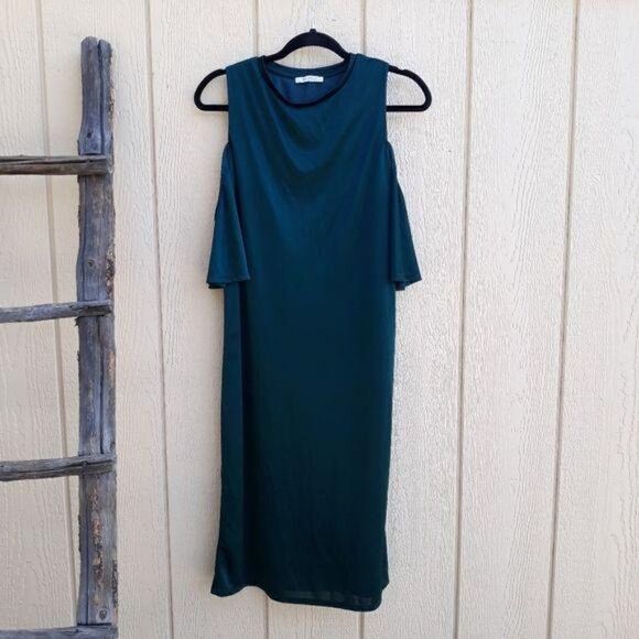 Zara Trafaluc Holiday Silky Cold Shoulder Midi Shift Dress Green Sz S - Picture 10 of 10